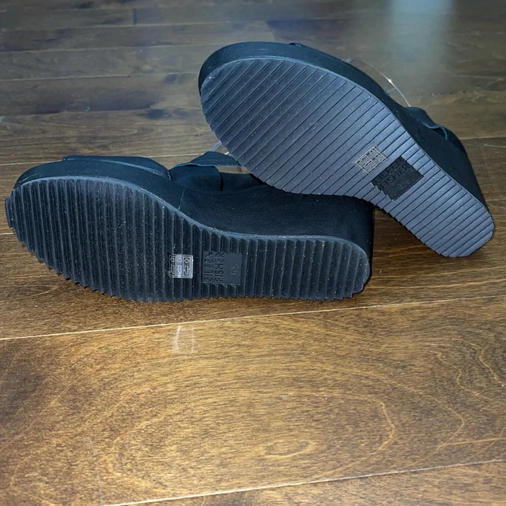 Eileen Fisher Black Leather Crisscross Wedge Sandals